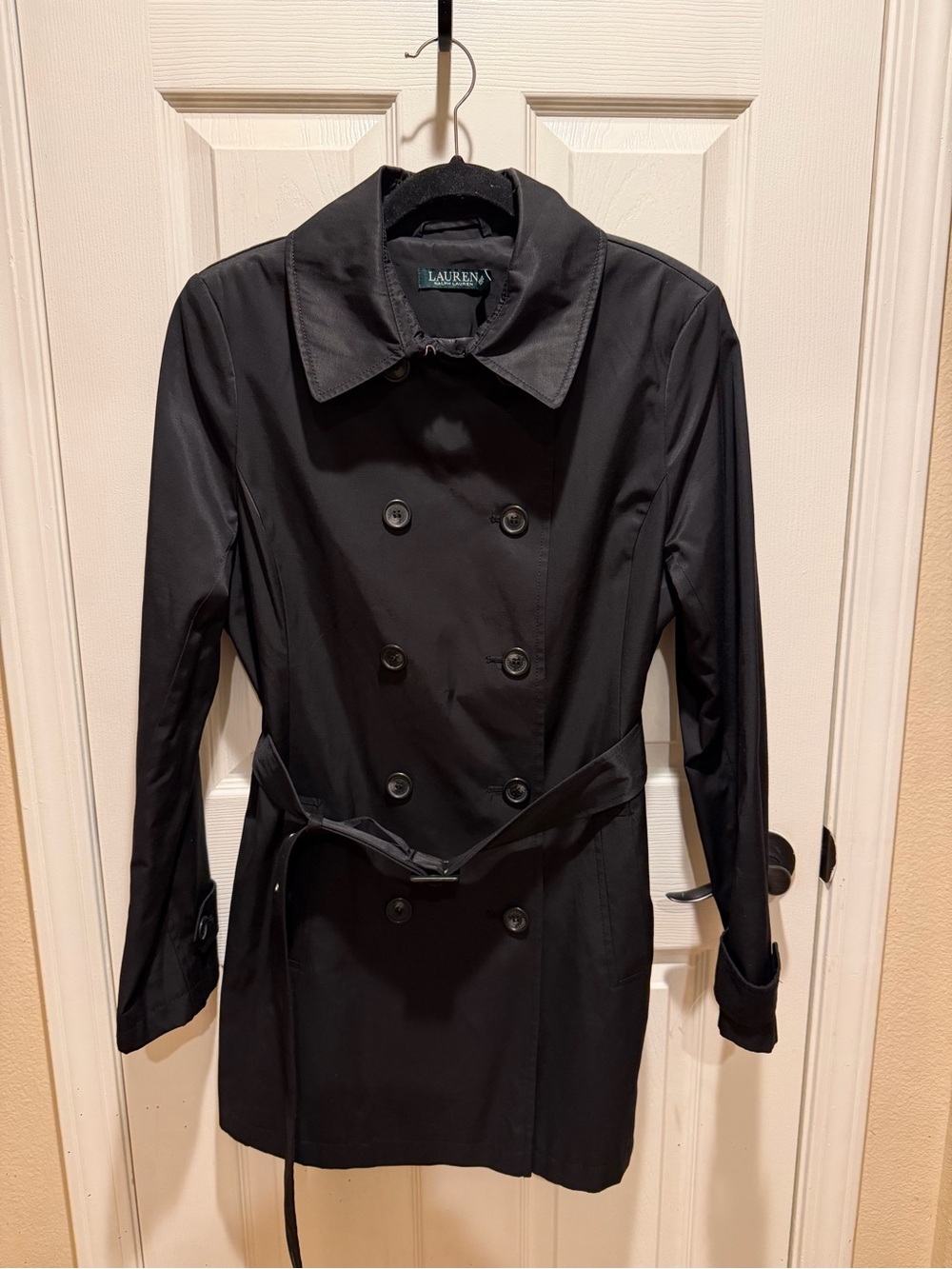 Ralph Lauren Black Double-Breasted Waterproof Trench Coat with Waist Belt
